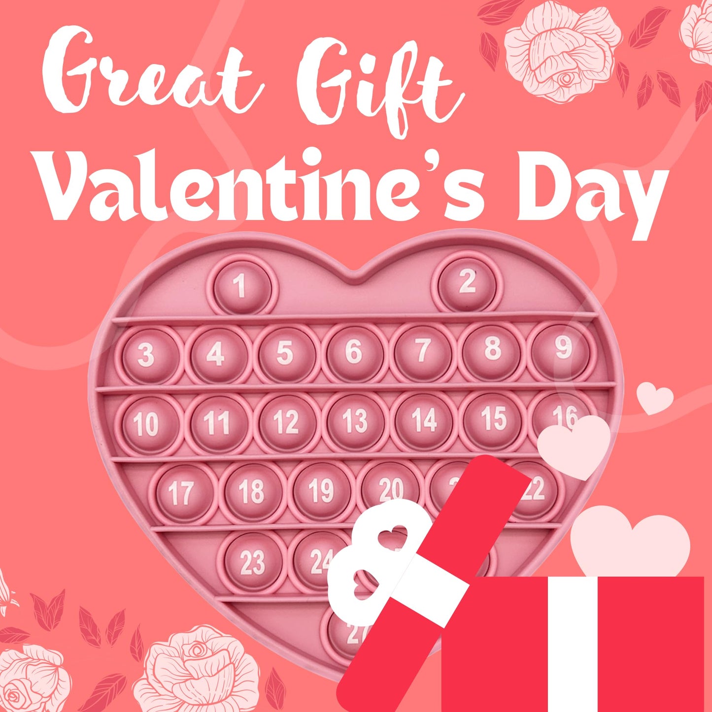 PETBSNVB Pink Heart Pop Bubble Fidget Toy – Letters & Numbers, Valentines Gift