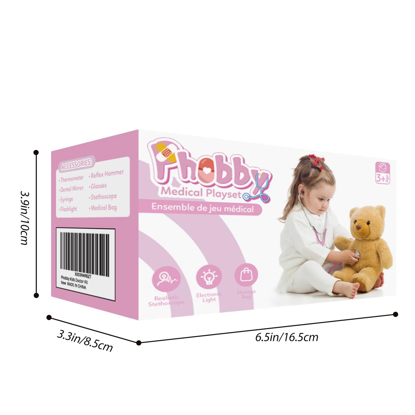 Phobby Kids Doctor Kit — 8-Piece Toddler Doctor Playset with Real Stethoscope & Portable Bag (Pink)