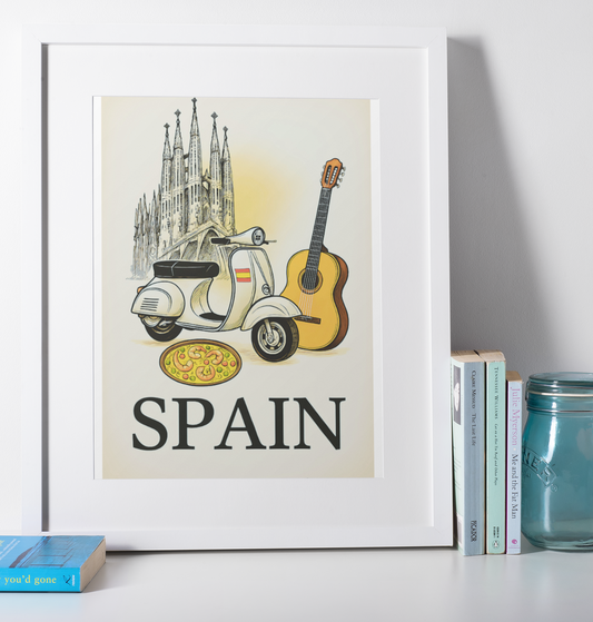 Vintage Spain Travel Poster – Guitar & Paella Wall Art – Spanish Home Decor