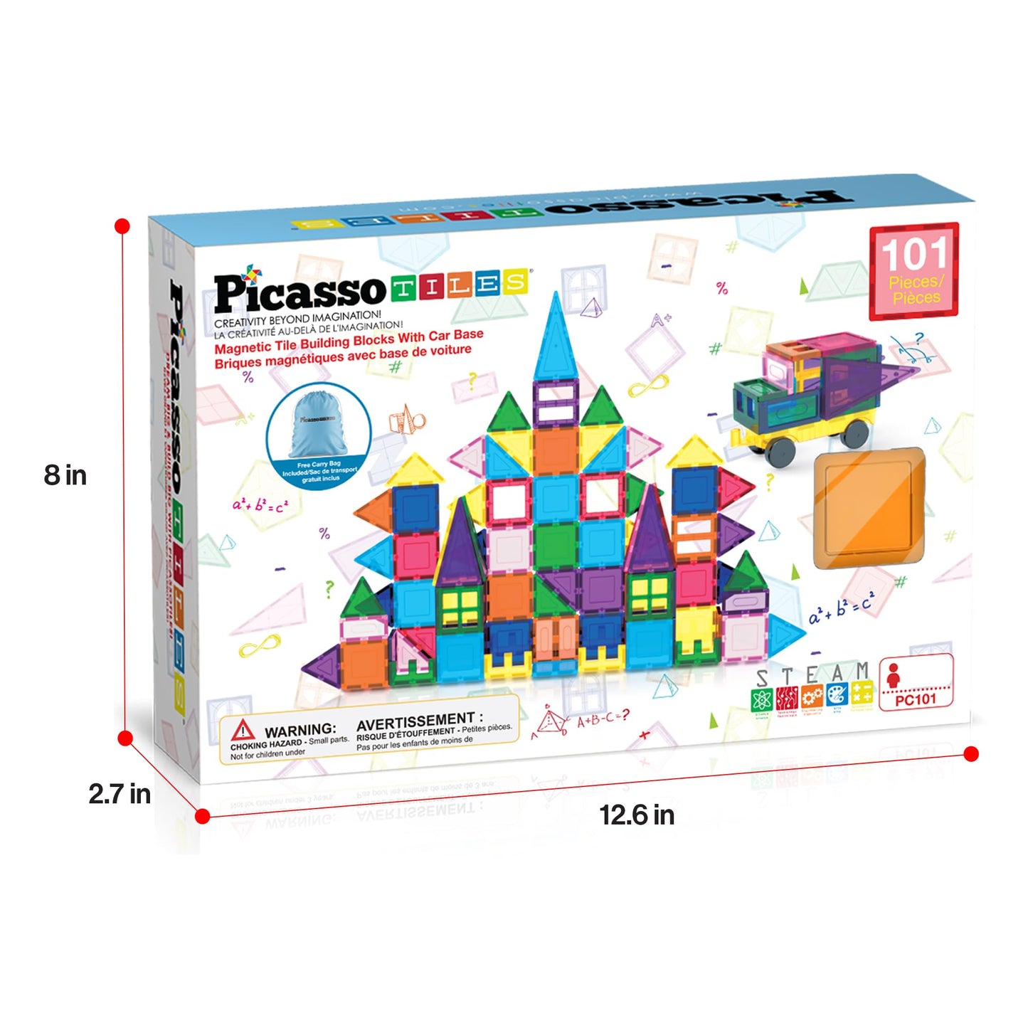 PicassoTiles 101 Pcs Magnetic Tiles – Car & Drawstring Carry Bag STEM Toy (Ages 3+)
