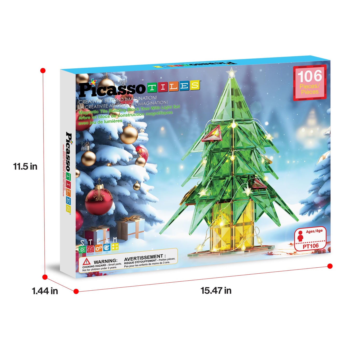 PicassoTiles 106pc Magnetic Tiles LED Light-Up Tree – STEM Toy for Kids 3+ | PT106