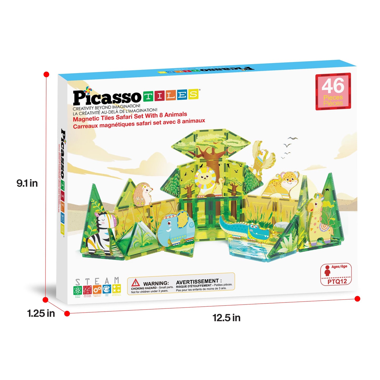 PicassoTiles Safari Magnet Tile Set – 46-Piece Magnetic Blocks with 8 Safari Figures for Ages 3+ | STEAM Educational Toy