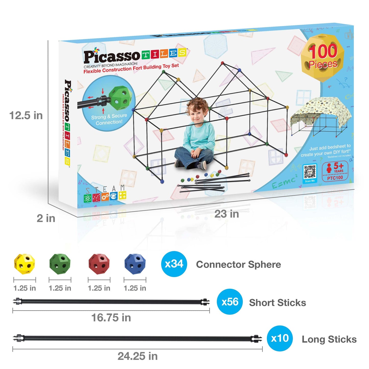 PicassoTiles Kids Fort Building Kit — 100-Piece STEM Construction Toys