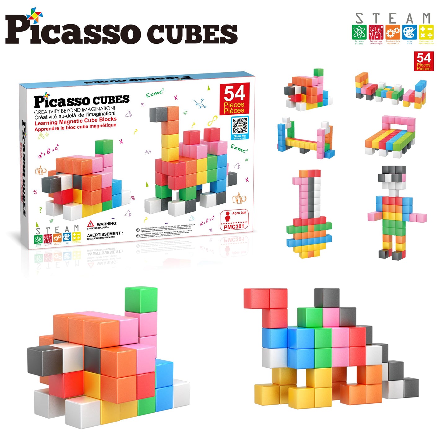 PicassoTiles Magnet Cube Building Blocks – 54 Magnetic Cubes for Creative STEM Play | 3 cm