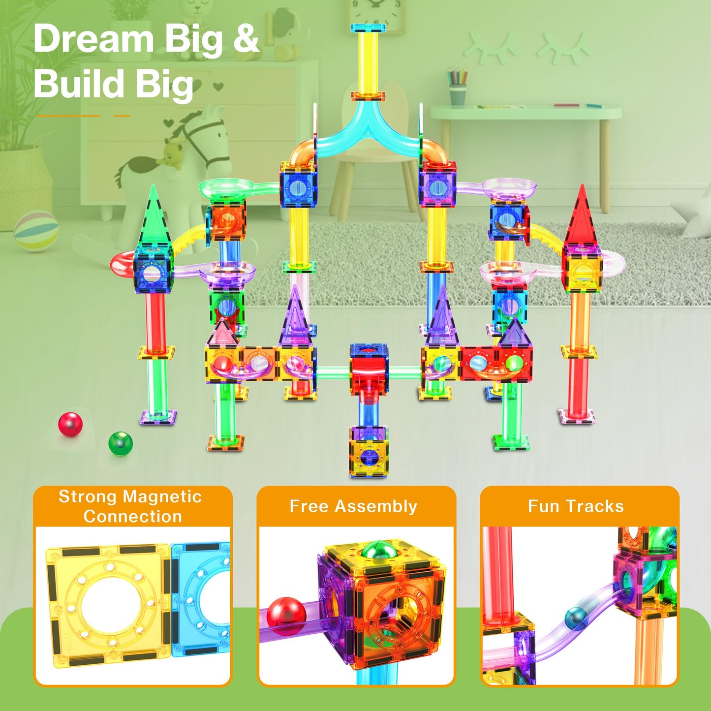 PicassoTiles 200pc Magnetic Marble Run – STEM Tiles Toy for Toddlers 3+