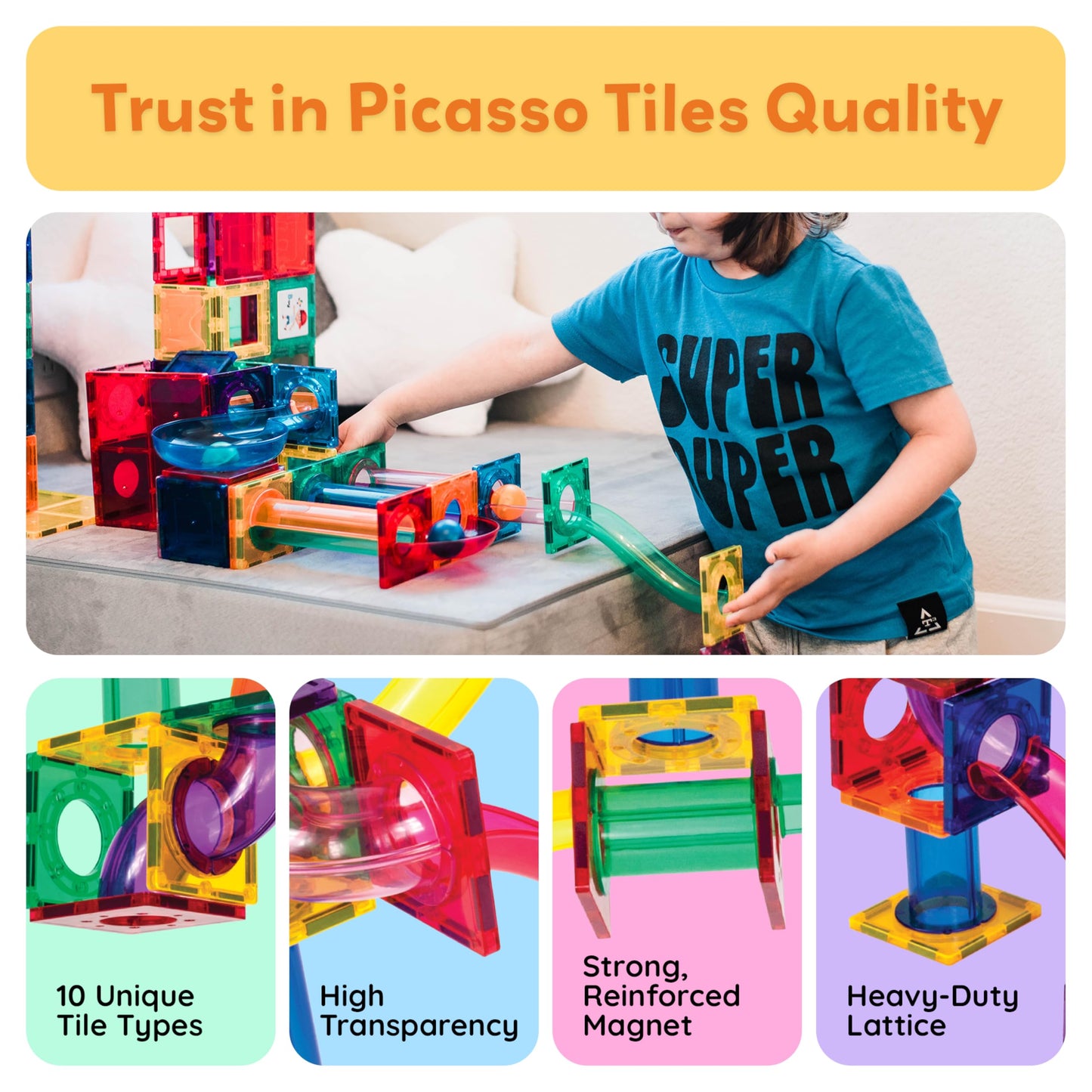 PicassoTiles 70pc Marble Run Magnetic Tiles STEM Set for Kids 3+