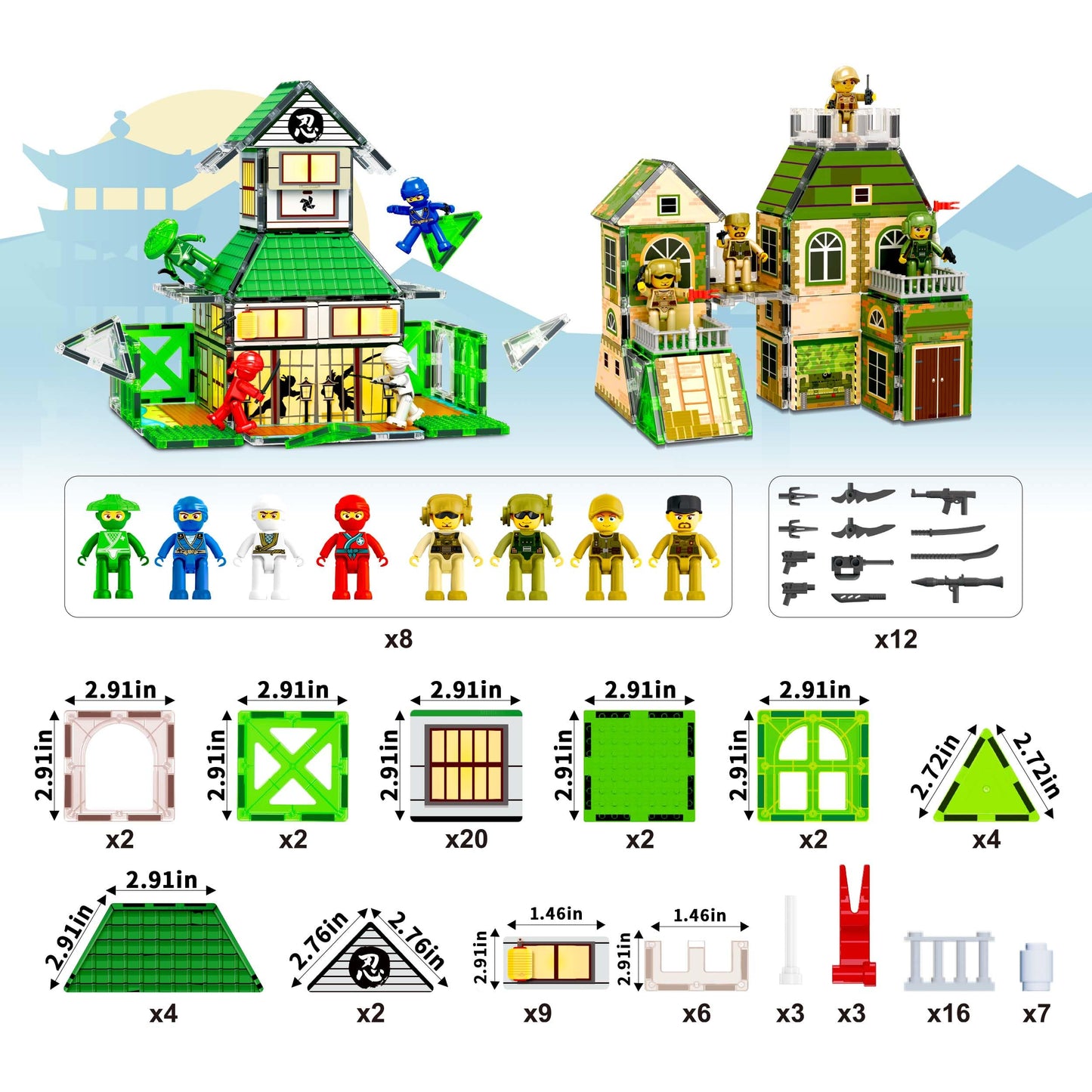 PicassoTiles 102pc Magnetic Tile Set – Ninja & Troop 2-in-1 with 8 Figures | STEM Building Play