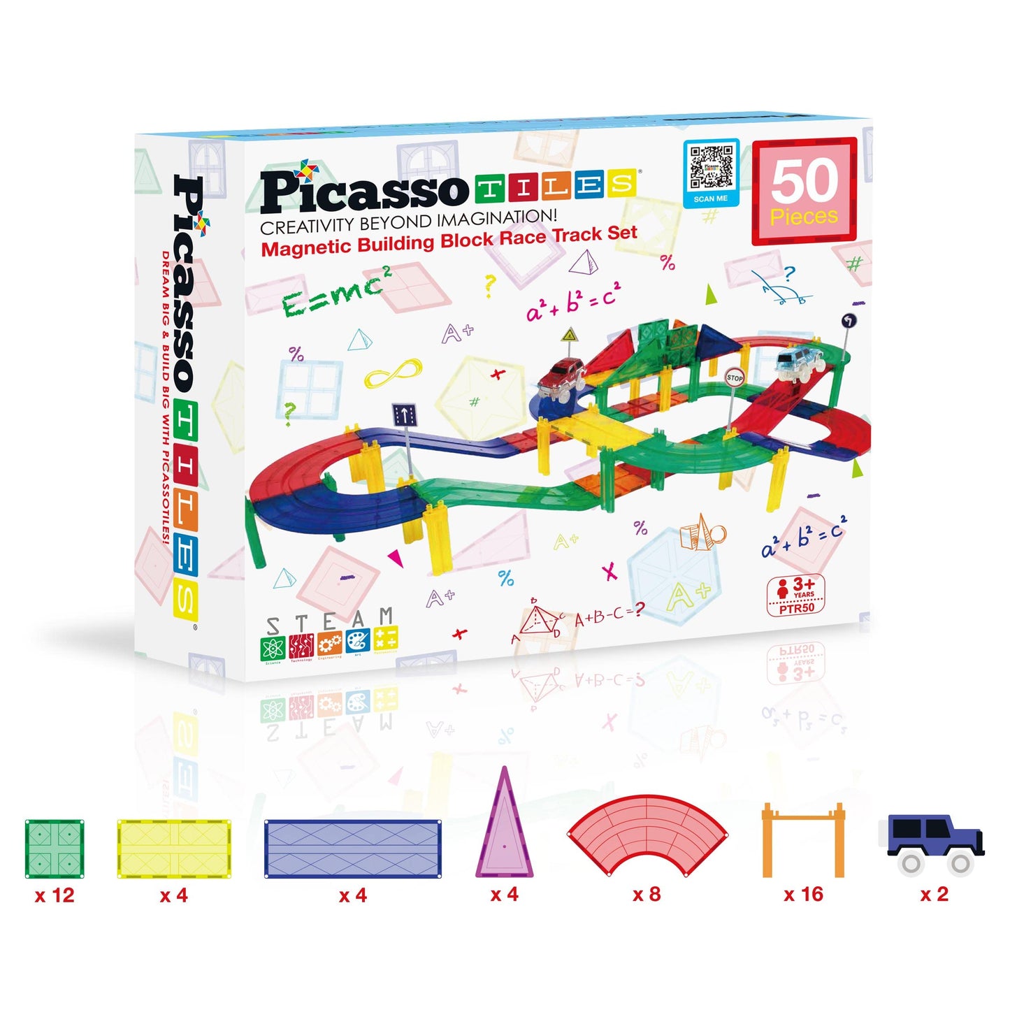 PicassoTiles 50pc Racecar Track Magnetic Tiles – STEM Preschool Toy for Kids 3+ | PTR50