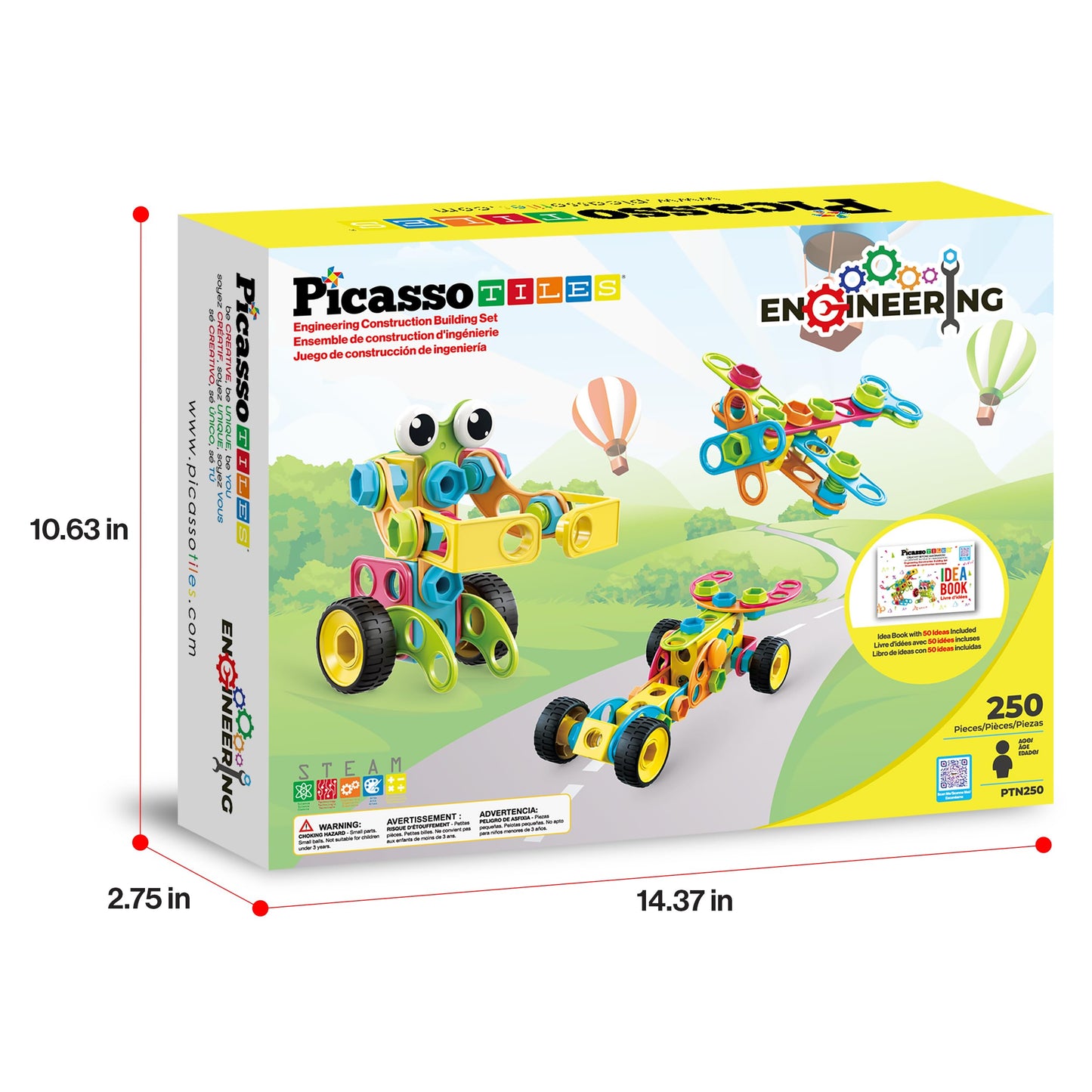 PicassoTiles STEM 250-Piece Building Block Kit for Kids – Construction & Engineering Playset