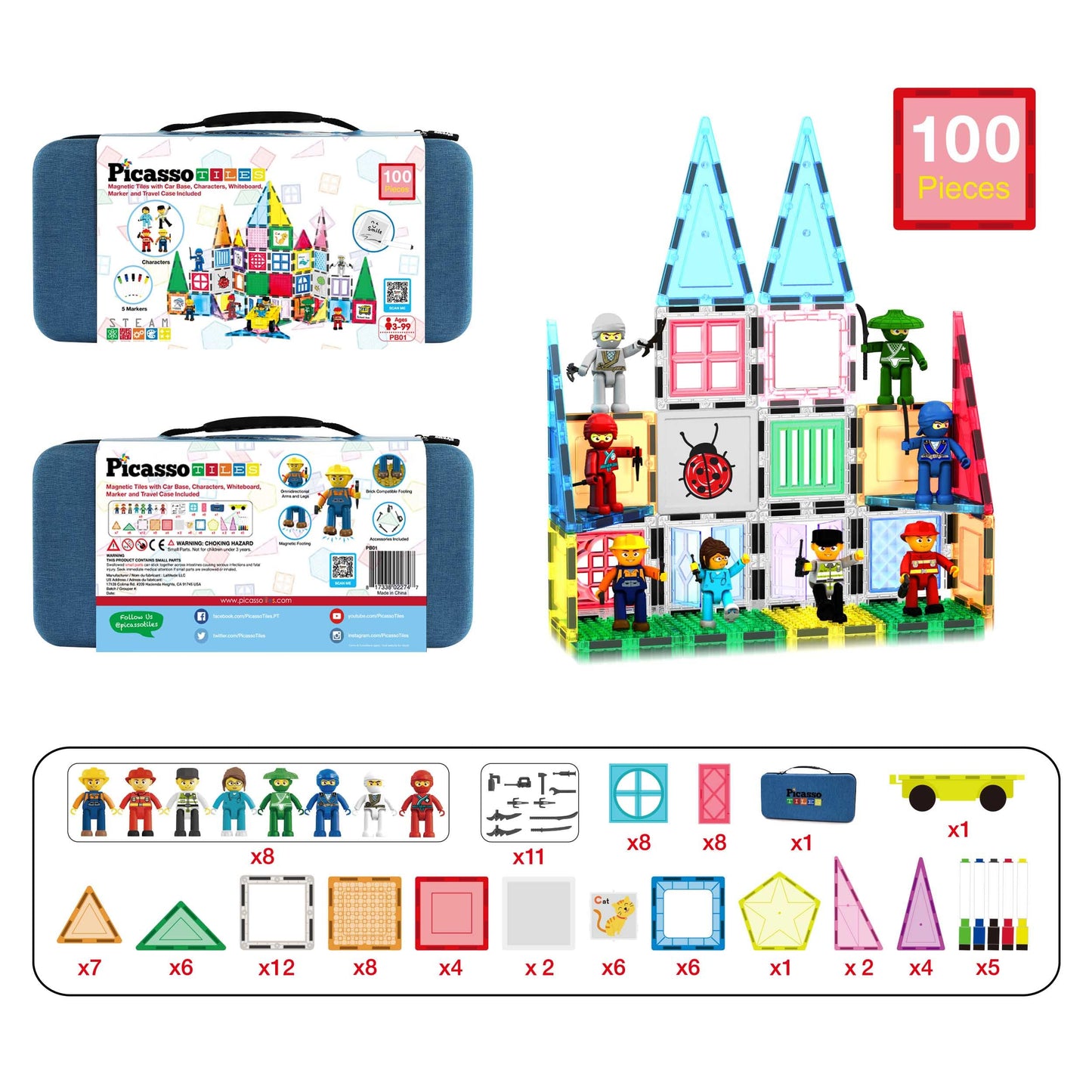 PicassoTiles 100pc Magnetic Tile Set with Carry Case – Car Base, 8 Characters, Whiteboard Markers | STEM Learning PB01