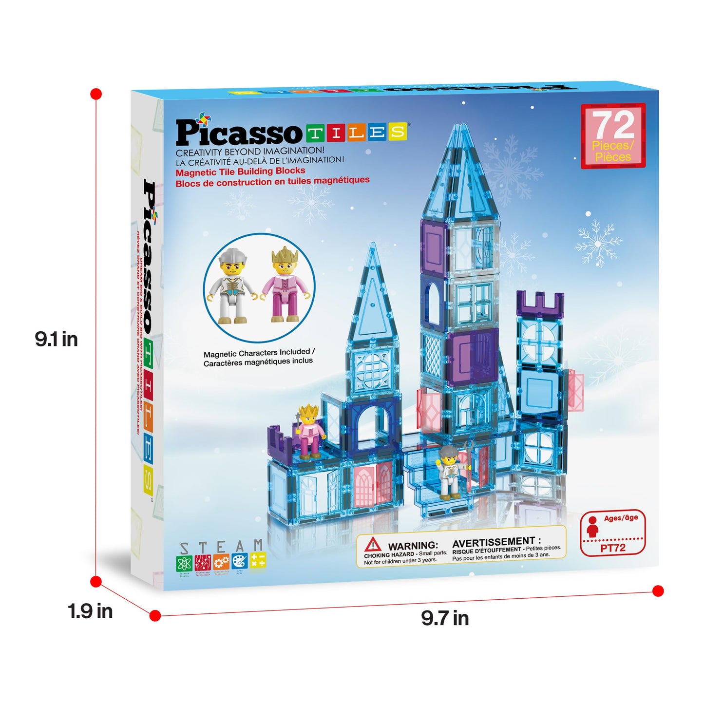 PicassoTiles 72-Piece Magnetic Building Tiles: Castle Winter Ice Theme