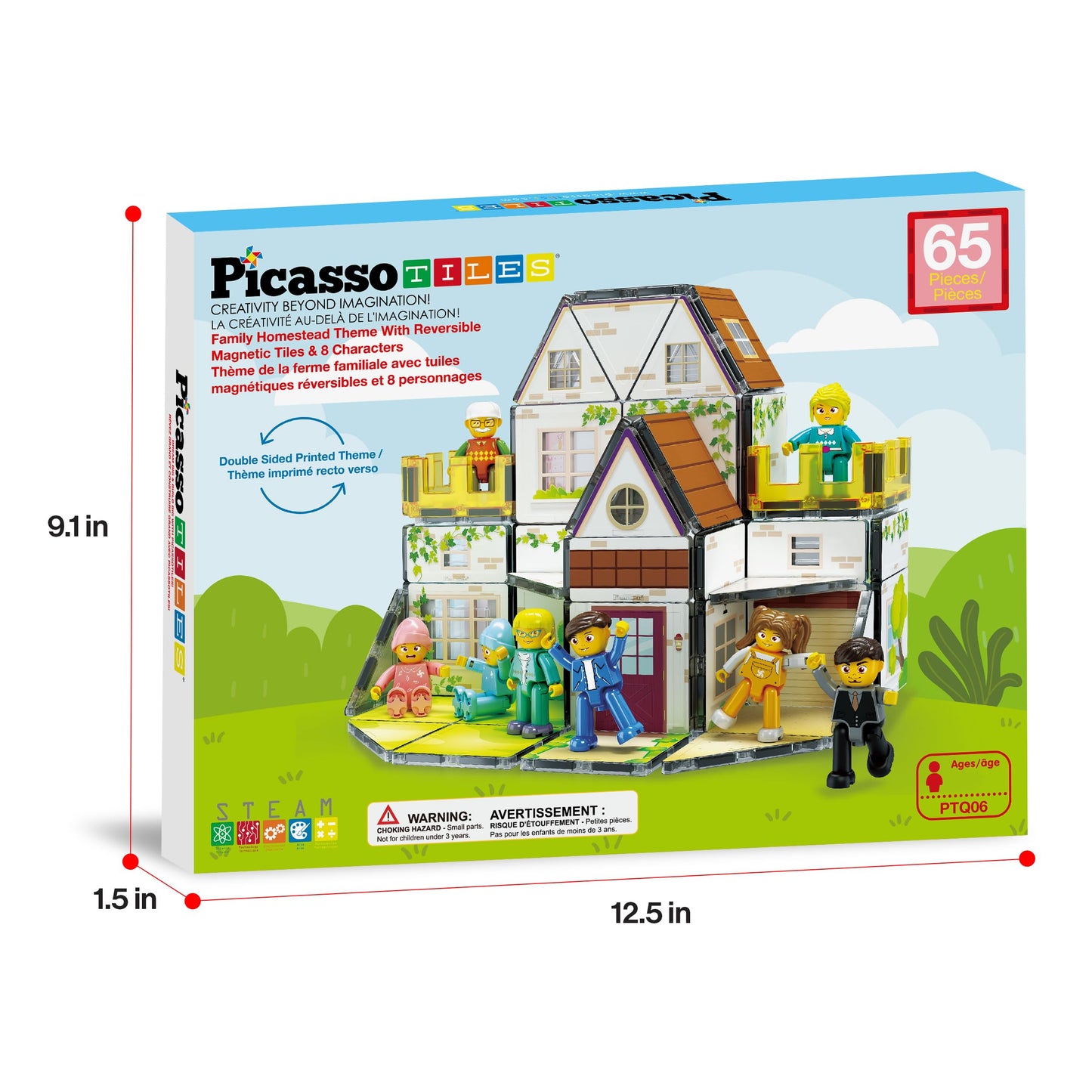 PicassoTiles Magnet Tile Family Homestead Doll House Playset with 8 Character Figures, Double-Sided Tiles, STEM Learning Kit PTQ06