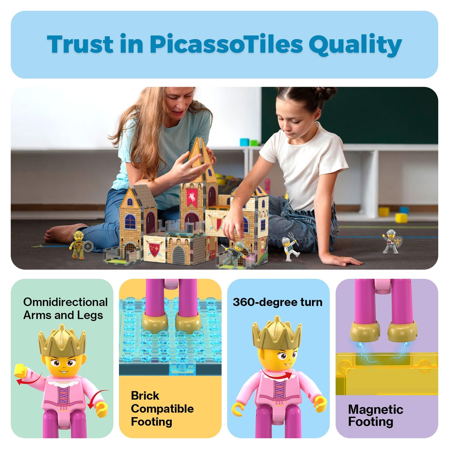 PicassoTiles 70pc Medieval Castle Magnetic Tile Set – 2in1 8 Figures | STEM Building Blocks for Kids 3+