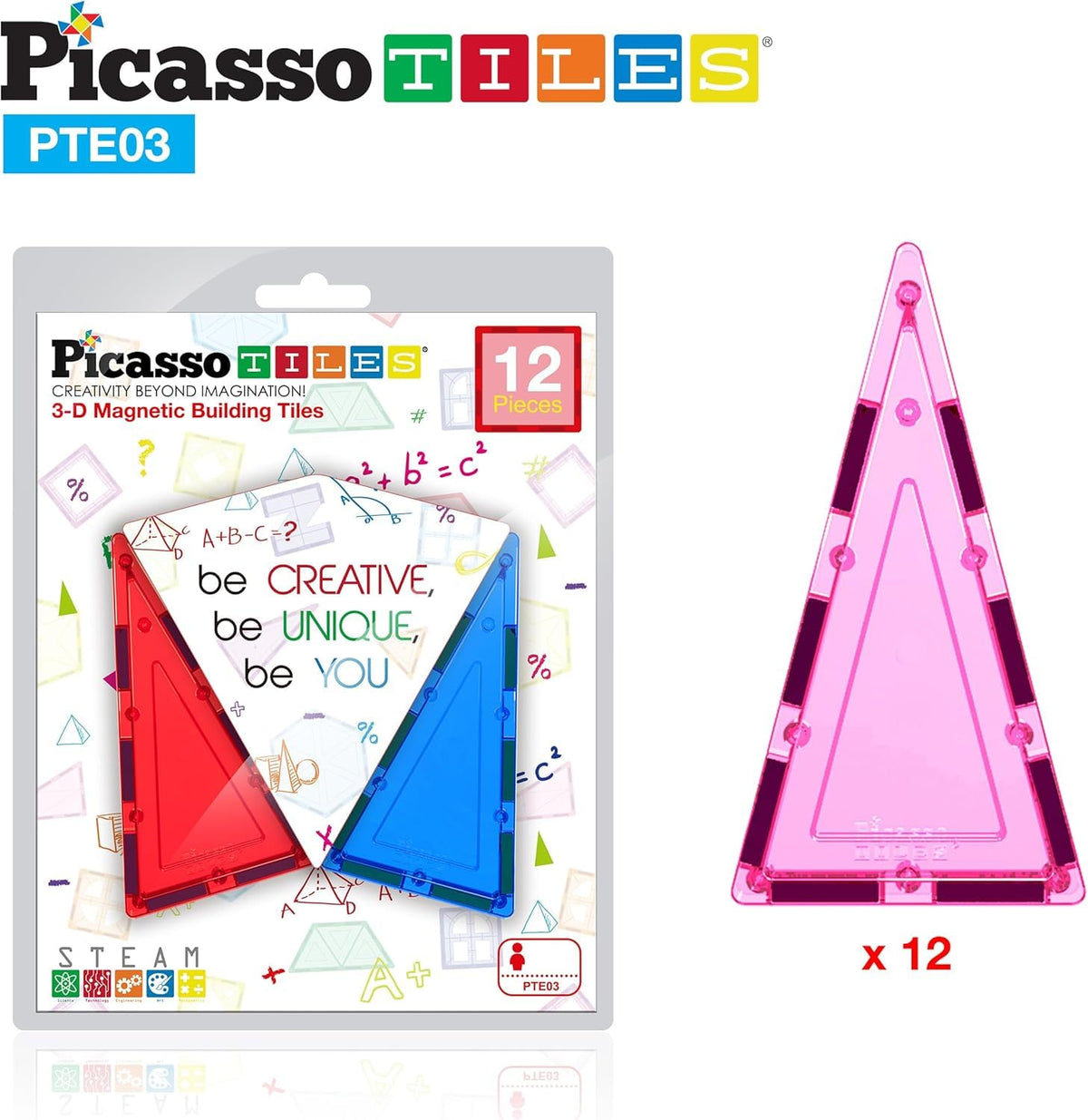 PicassoTiles 12pc Isosceles Triangle Magnet Tiles – STEM Building Set Expansion