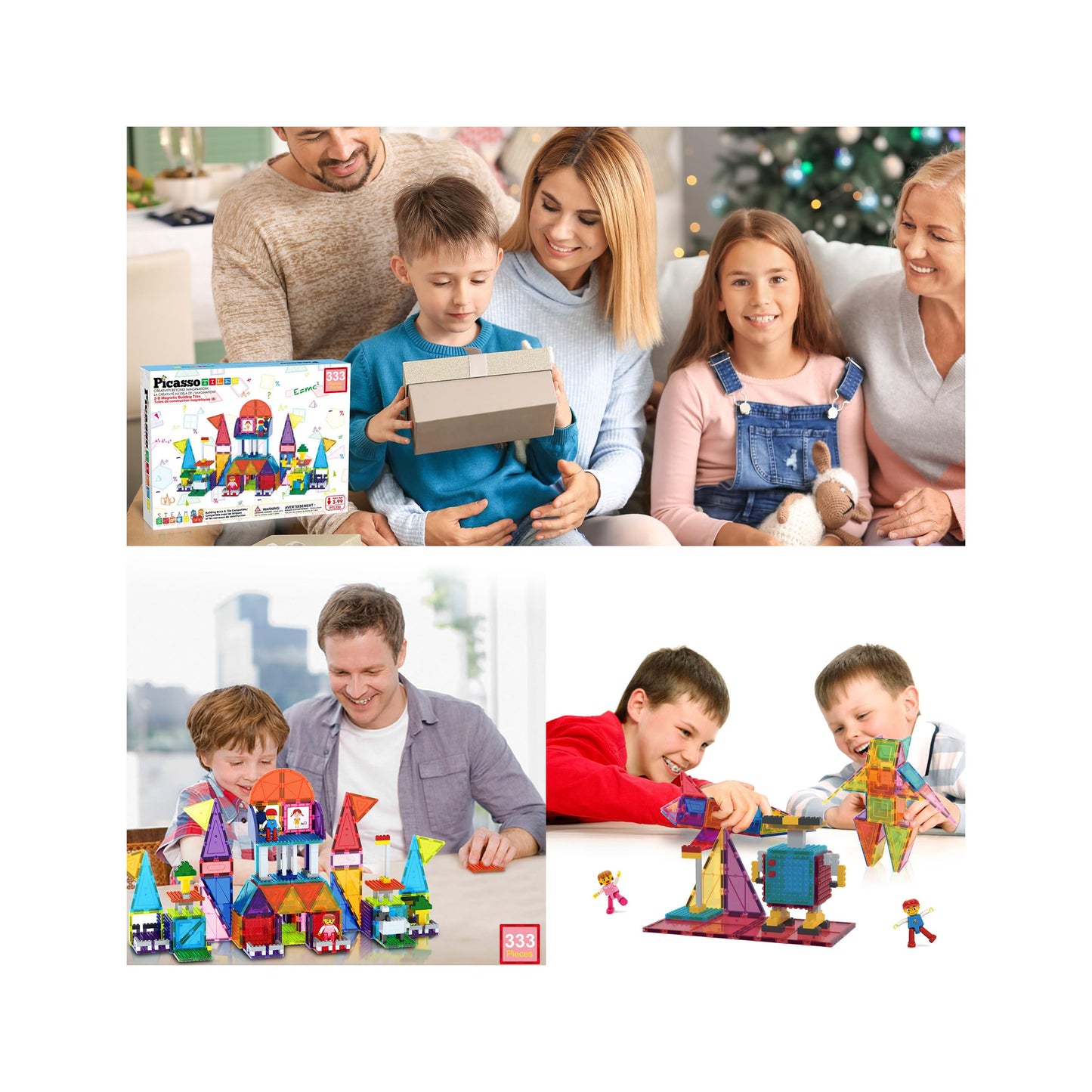 PicassoTiles 333pcs Magnetic Brick Tile Set & Magnetic Tile Combo – STEM Toys for Kids