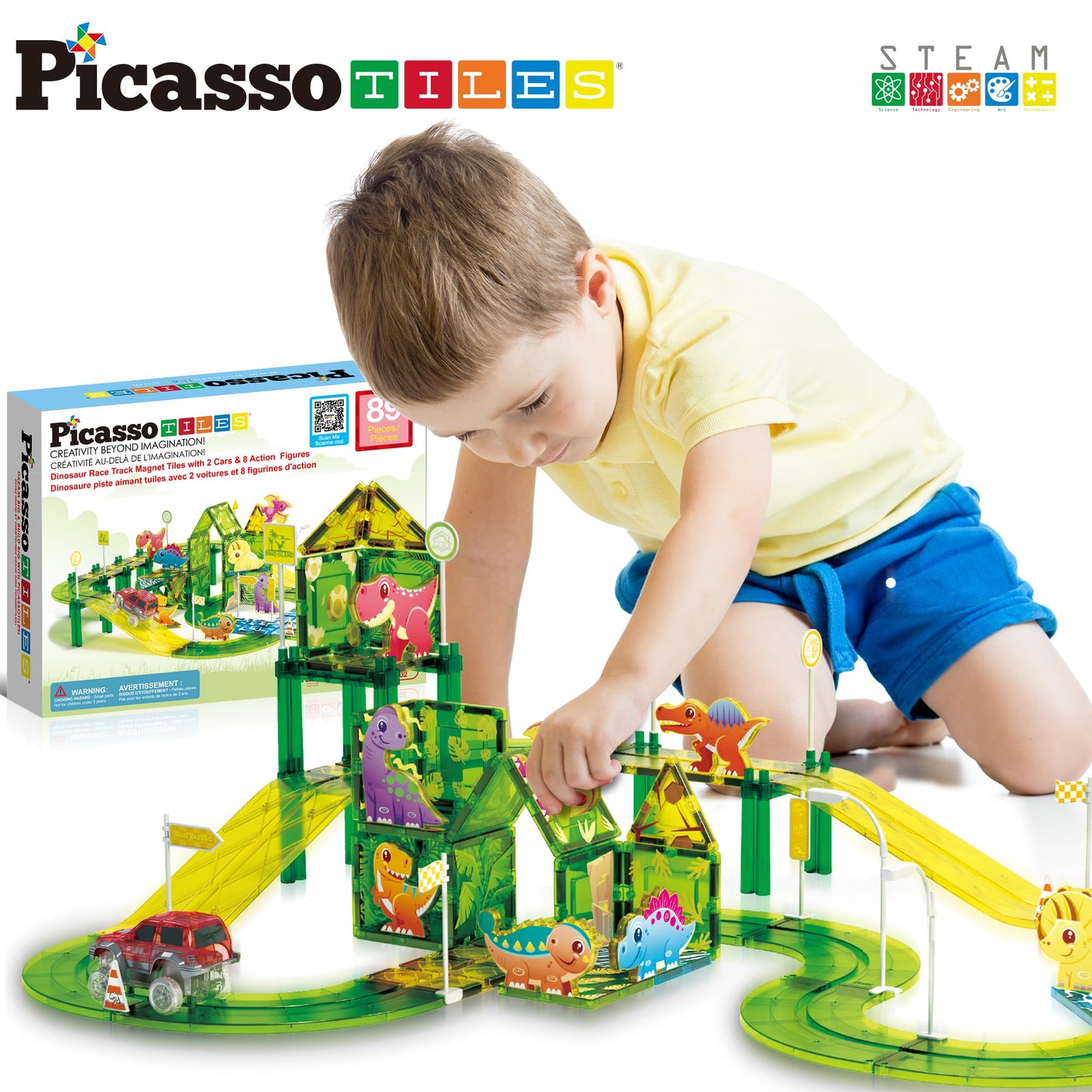 PicassoTiles Dinosaur Magnetic Tiles Racecar Track – 89-Piece Educational Building Blocks PTR02