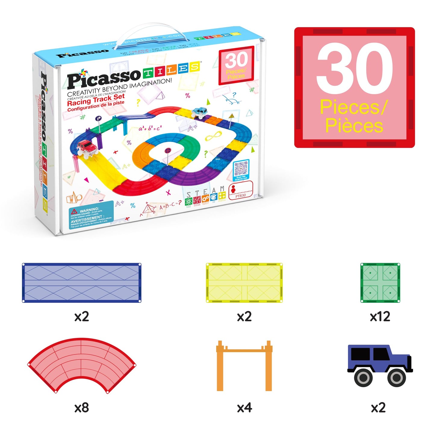 PicassoTiles Magnetic Race Track Car Playset with 2 Trucks PTR30