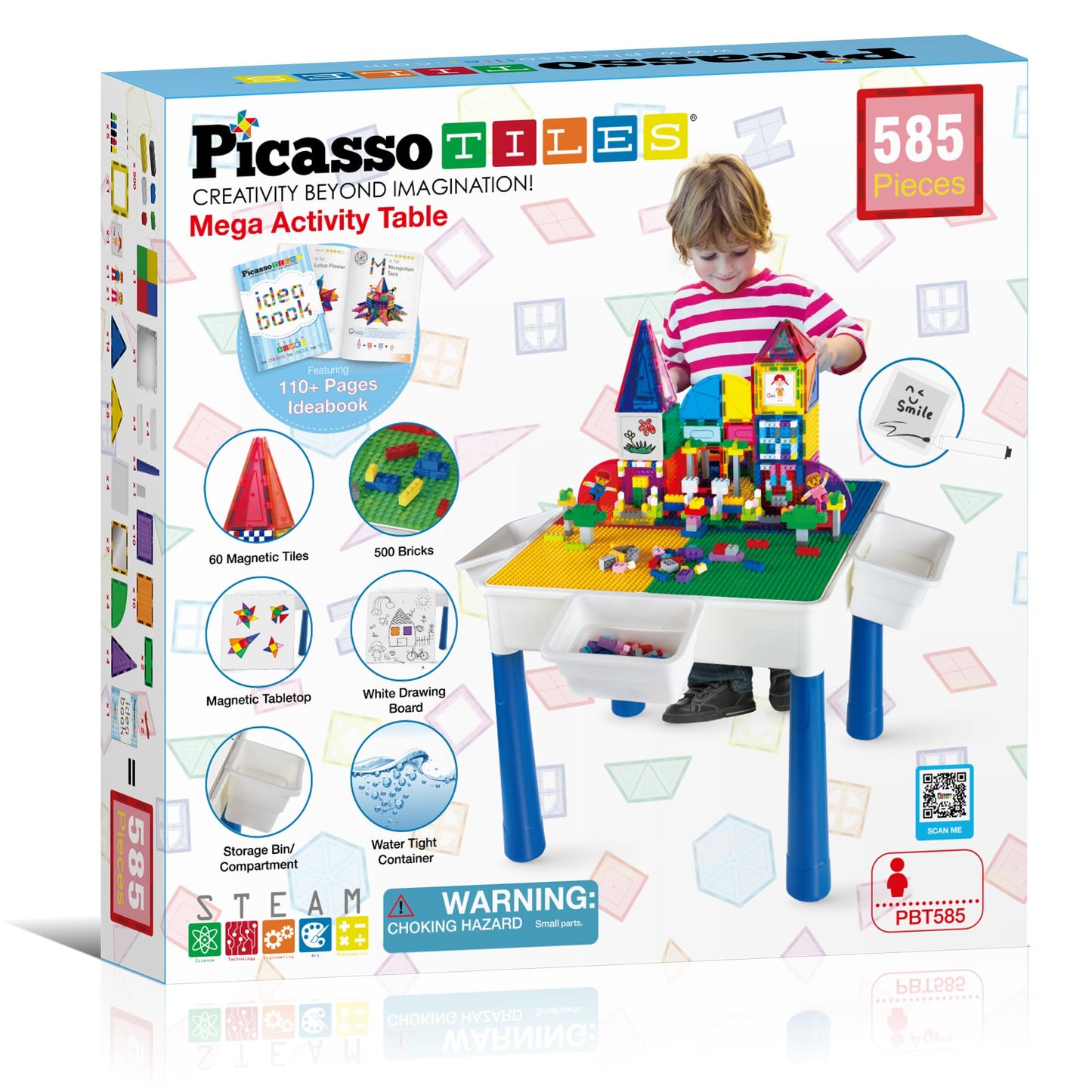 PicassoTiles 585pc Table Set: Magnetic Tiles, Bricks & Whiteboard Desk for STEM Play