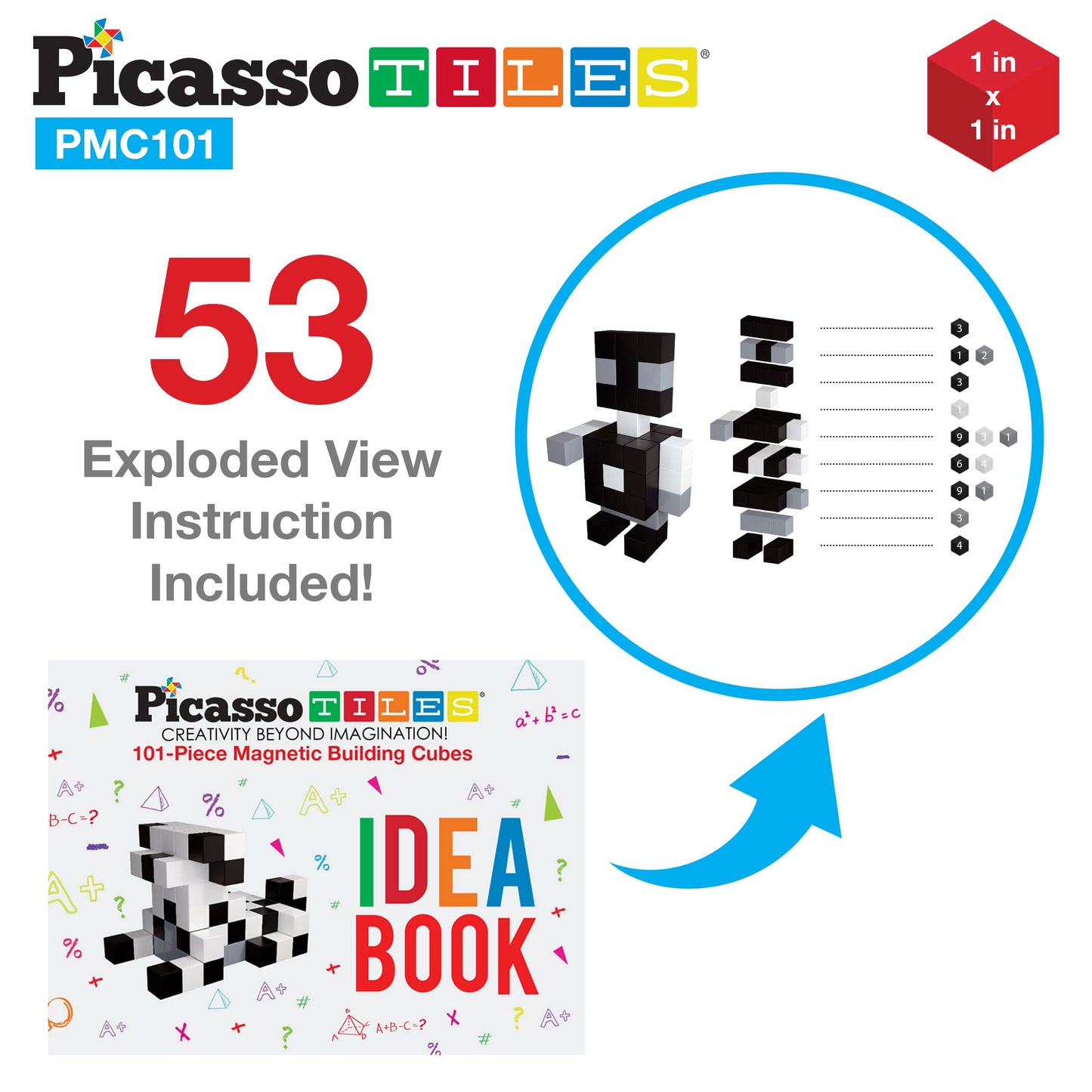 PicassoTiles 101pc Magnetic Puzzle Cube Set – Black & White 1-Inch STEM Toy for Kids 3+