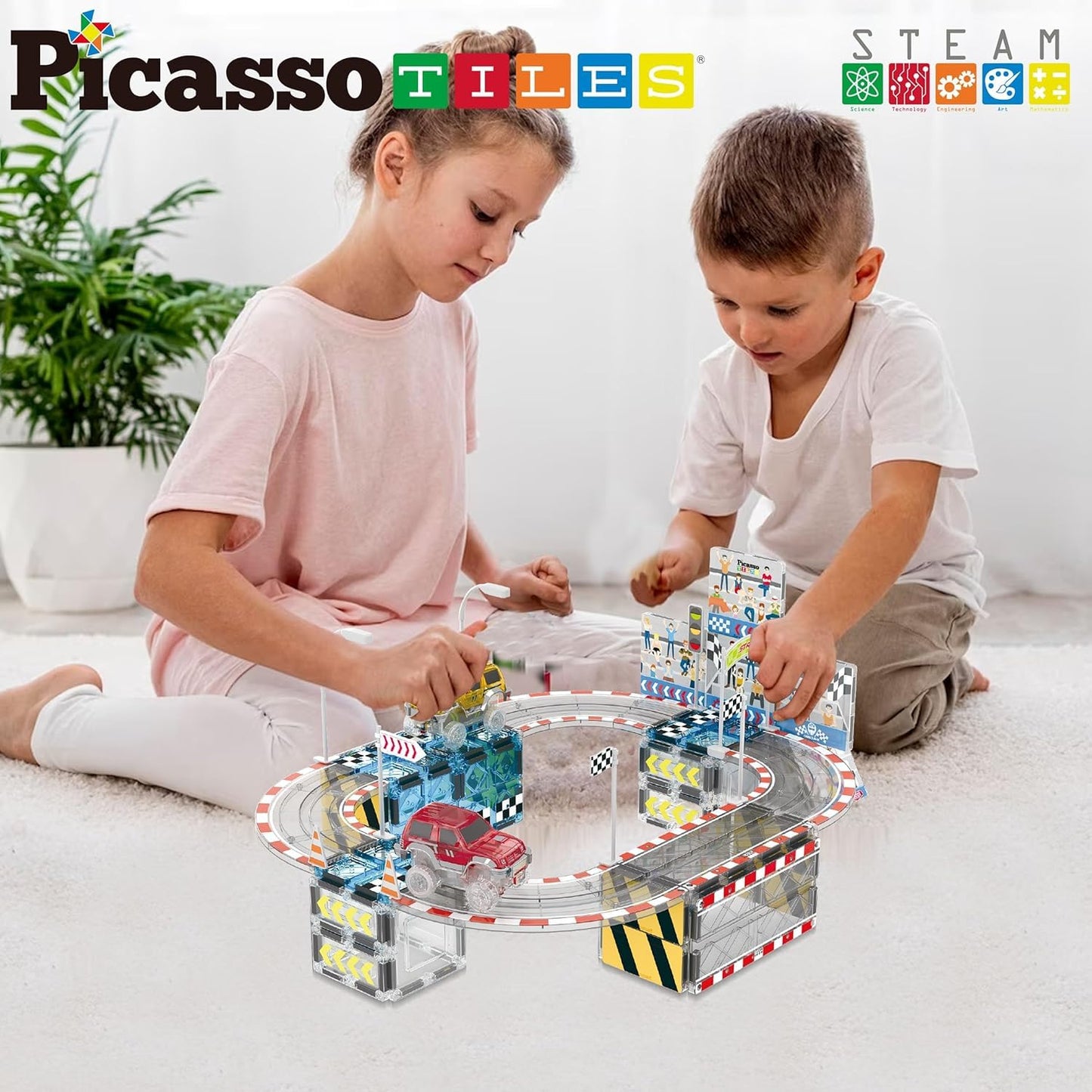 PicassoTiles Magnetic Race Track Set with 2 Trucks – STEM Building Toy PTQ05 | Kids 3+