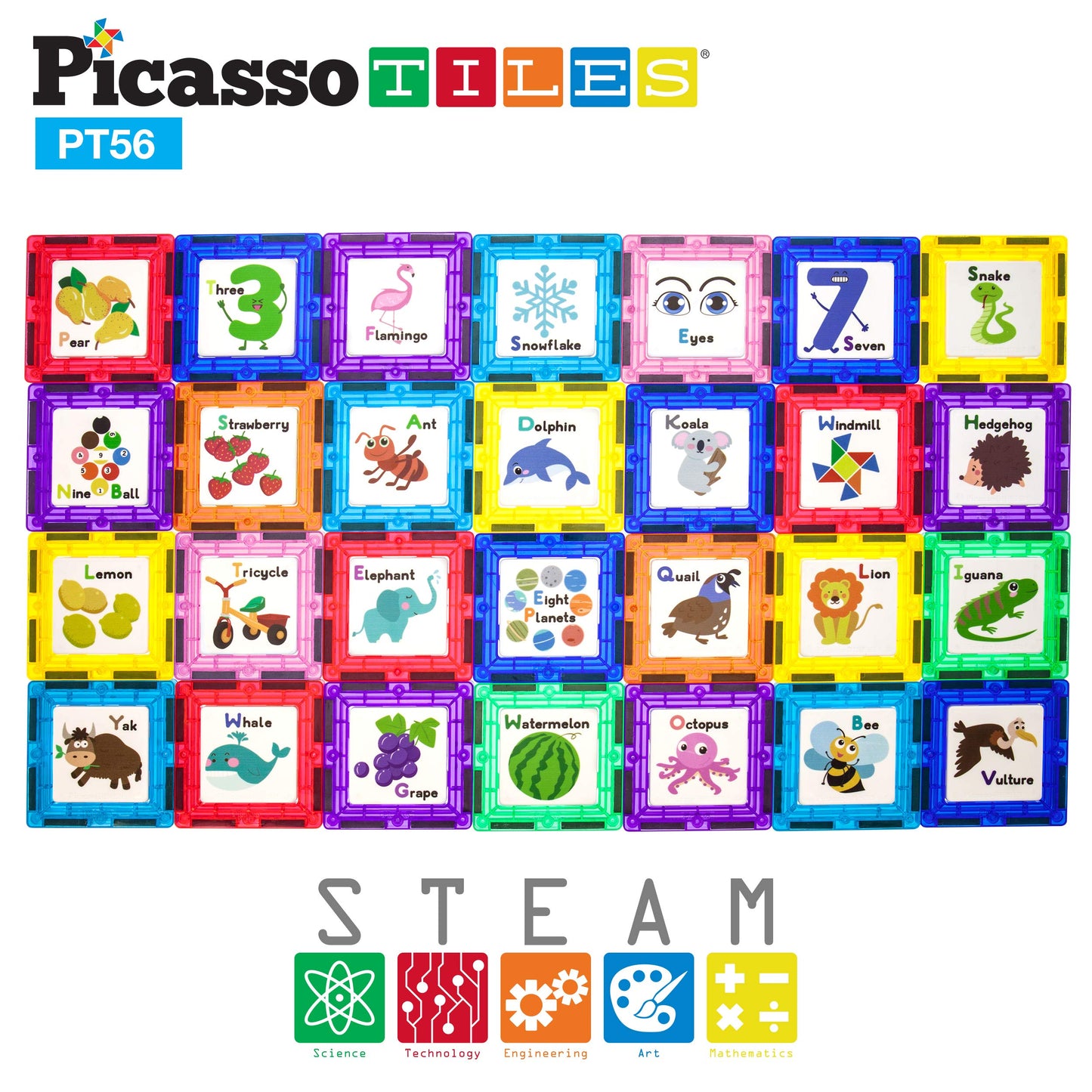 PicassoTiles 56-Piece Magnetic Building Blocks with Graphic Inserts | STEM Learning Kit