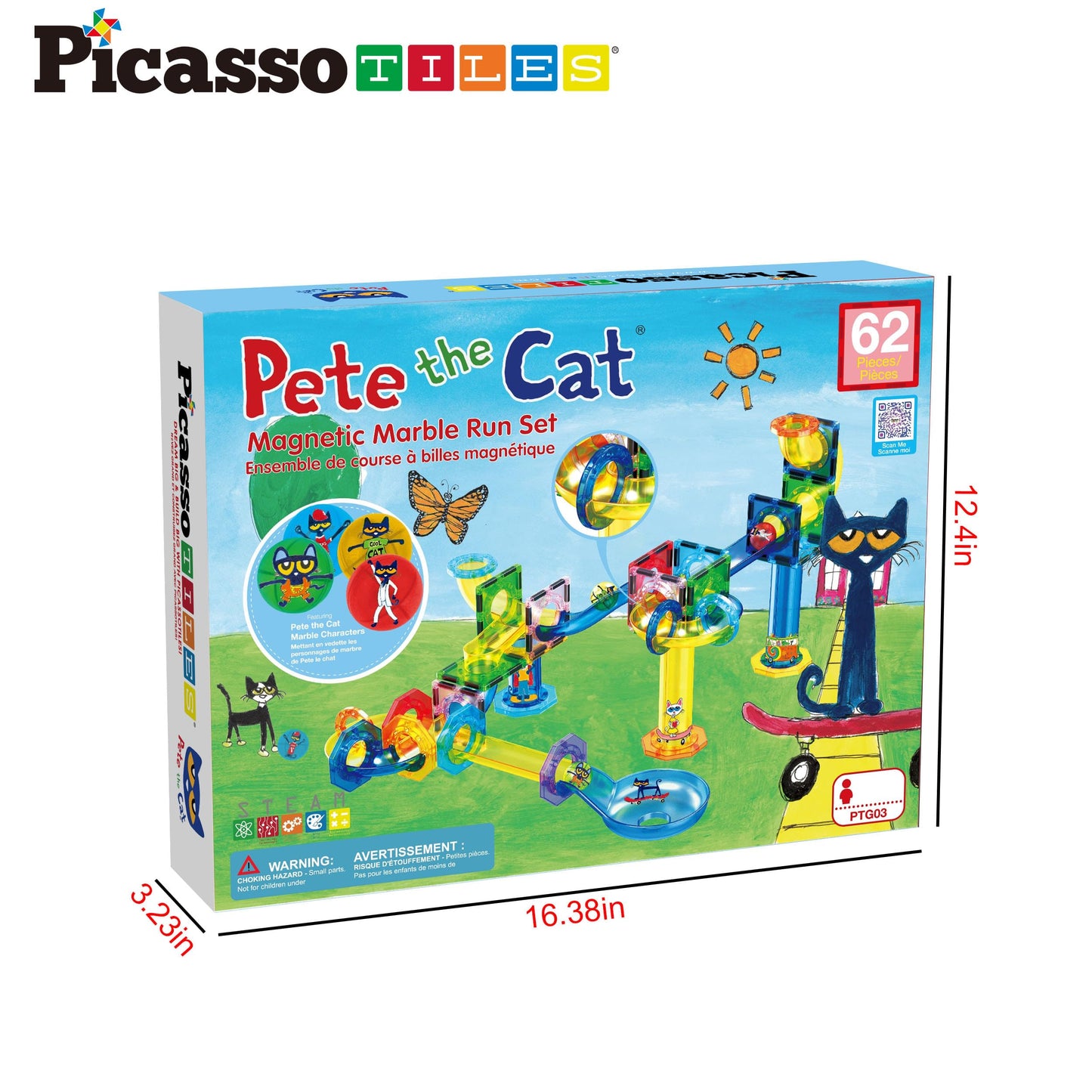 PicassoTiles Pete the Cat 62-Piece Magnetic Marble Run | STEM Toy for Kids 3+