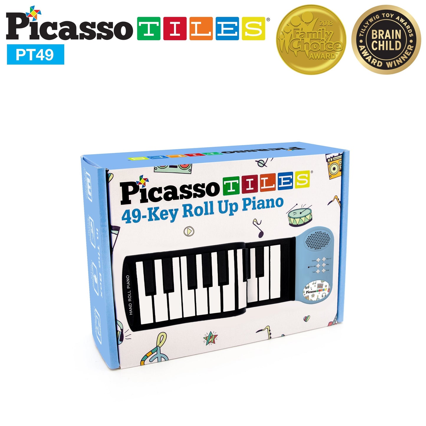 PicassoTiles PT49 Portable 49-Key Roll-Up Piano — 8 Tones, 6 Demos, Recording (Blue)