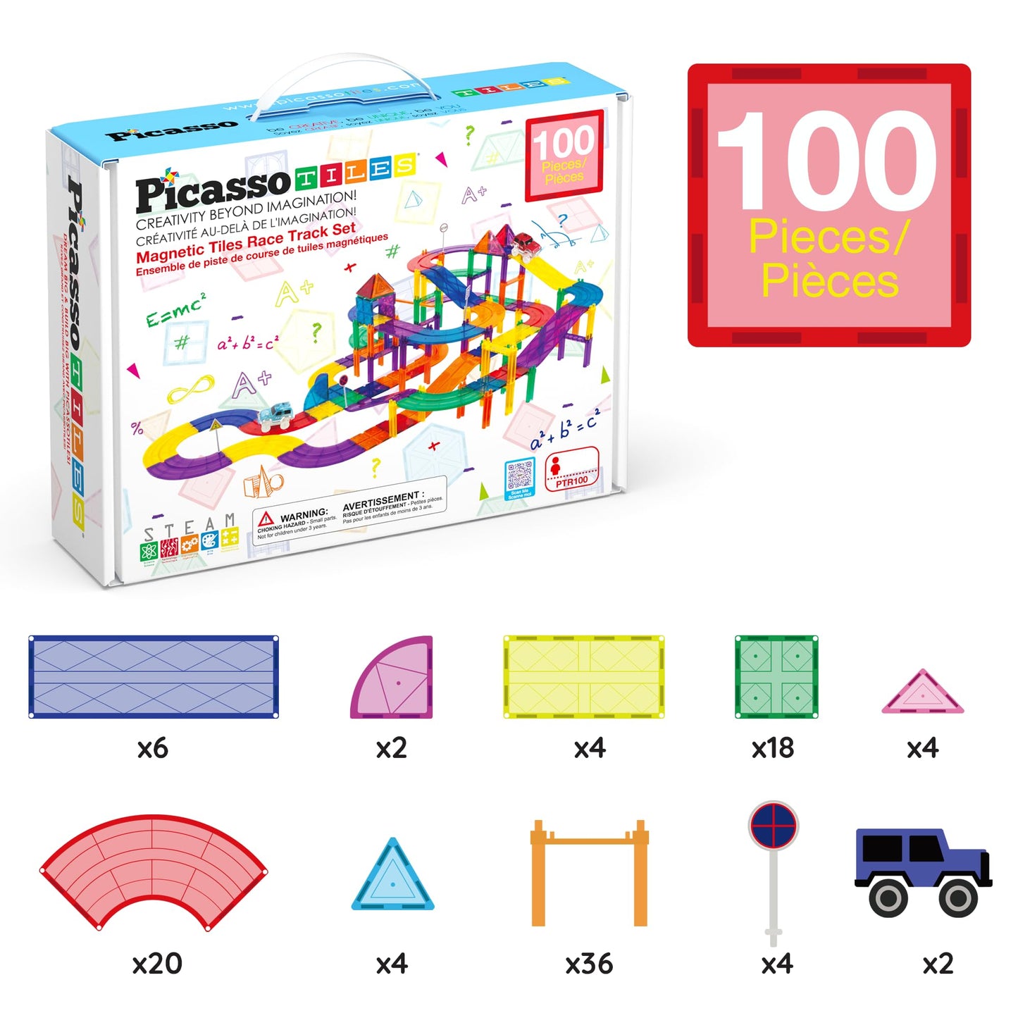 PicassoTiles PTR100: 100pc Magnetic Race Track Set with LED Cars | STEM Construction Toy for Kids 3+