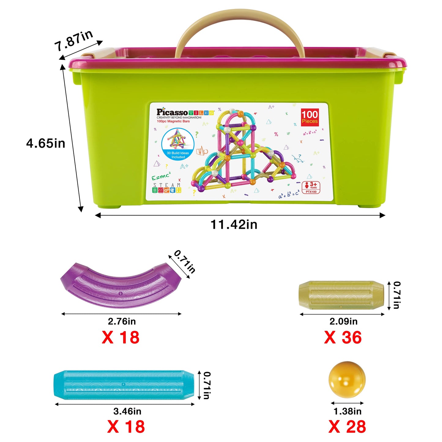 PicassoTiles PTX100: 100-Piece Magnetic Building Set with Storage Bin | STEM Toy