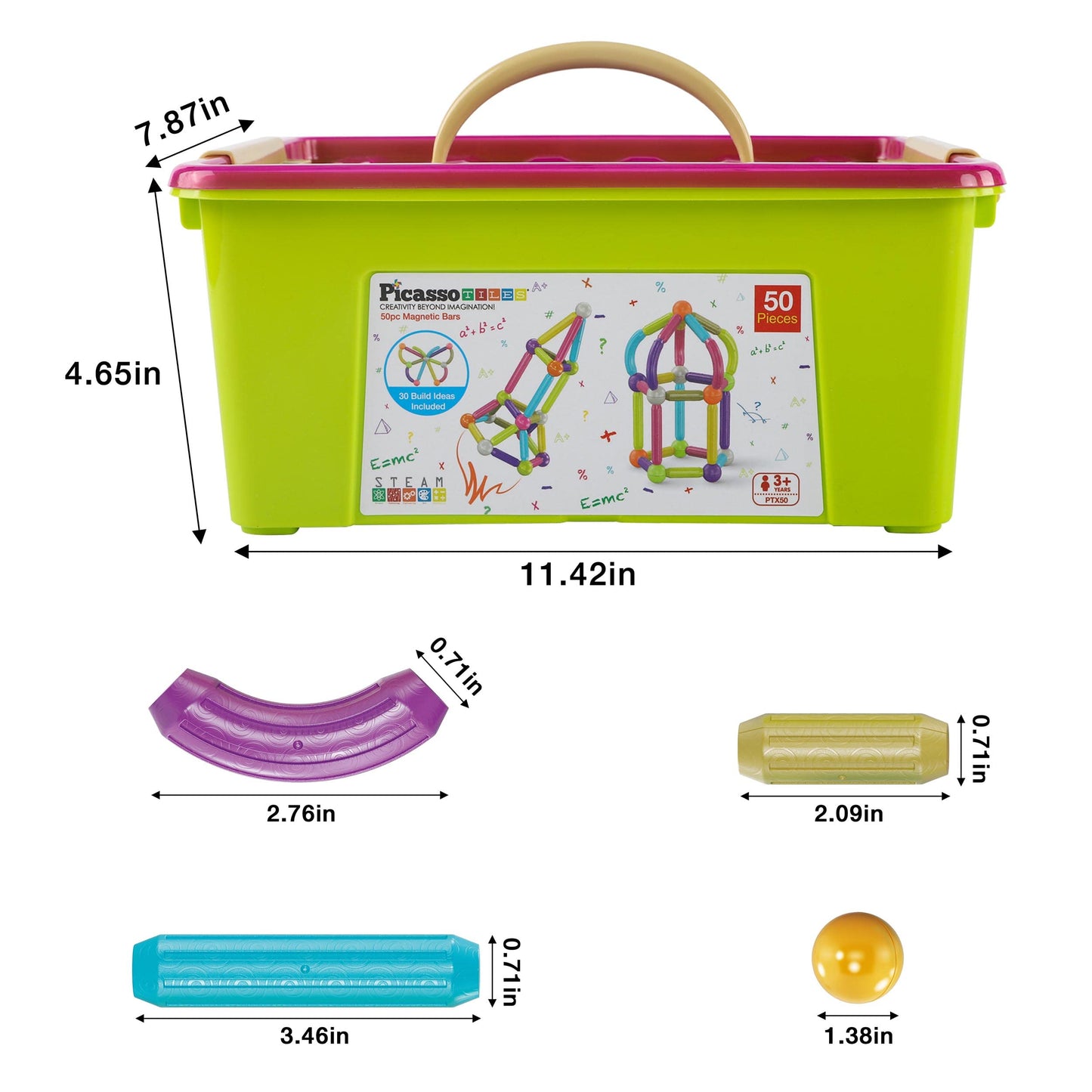 PicassoTiles PTX50 Magnetic Building Sticks – 50-Piece STEM Toy with Storage Bin