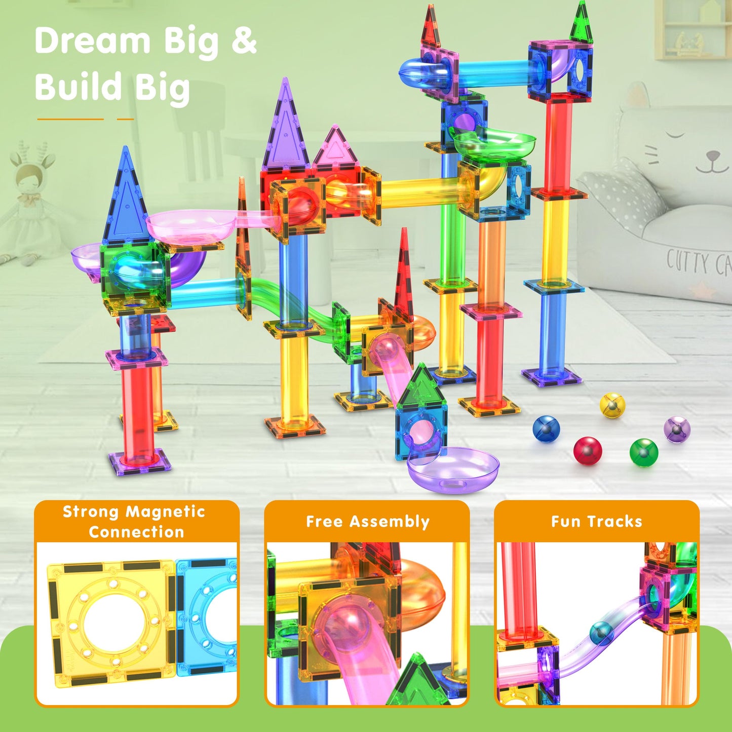 PicassoTiles 150pc Magnetic Marble Run Track Set – STEM Building Toy for Kids 3+