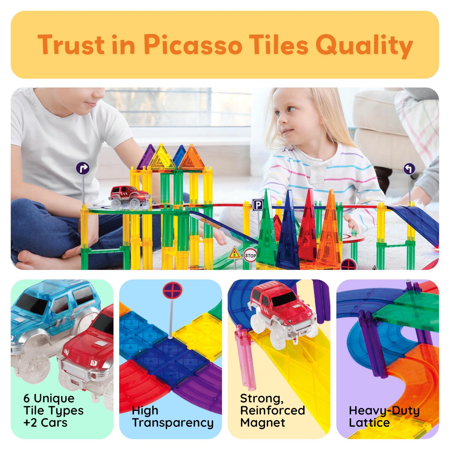 PicassoTiles 80pc Race Car Track – Magnetic Tiles STEM Toy with 2 Light-Up Cars