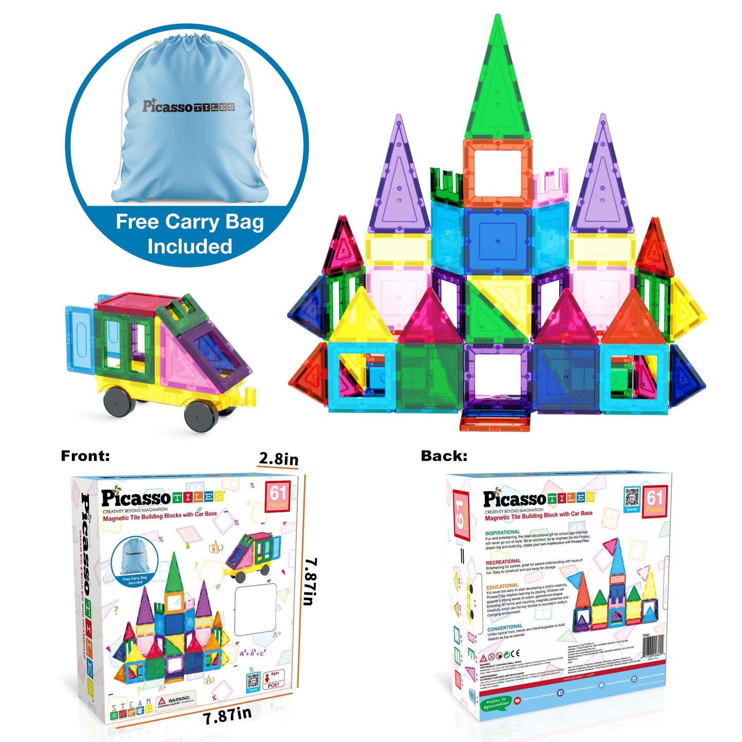 PicassoTiles Magnet Tile Building Blocks with Car Base & Drawstring Bag – 61 Pc STEM Toy (Ages 3+)