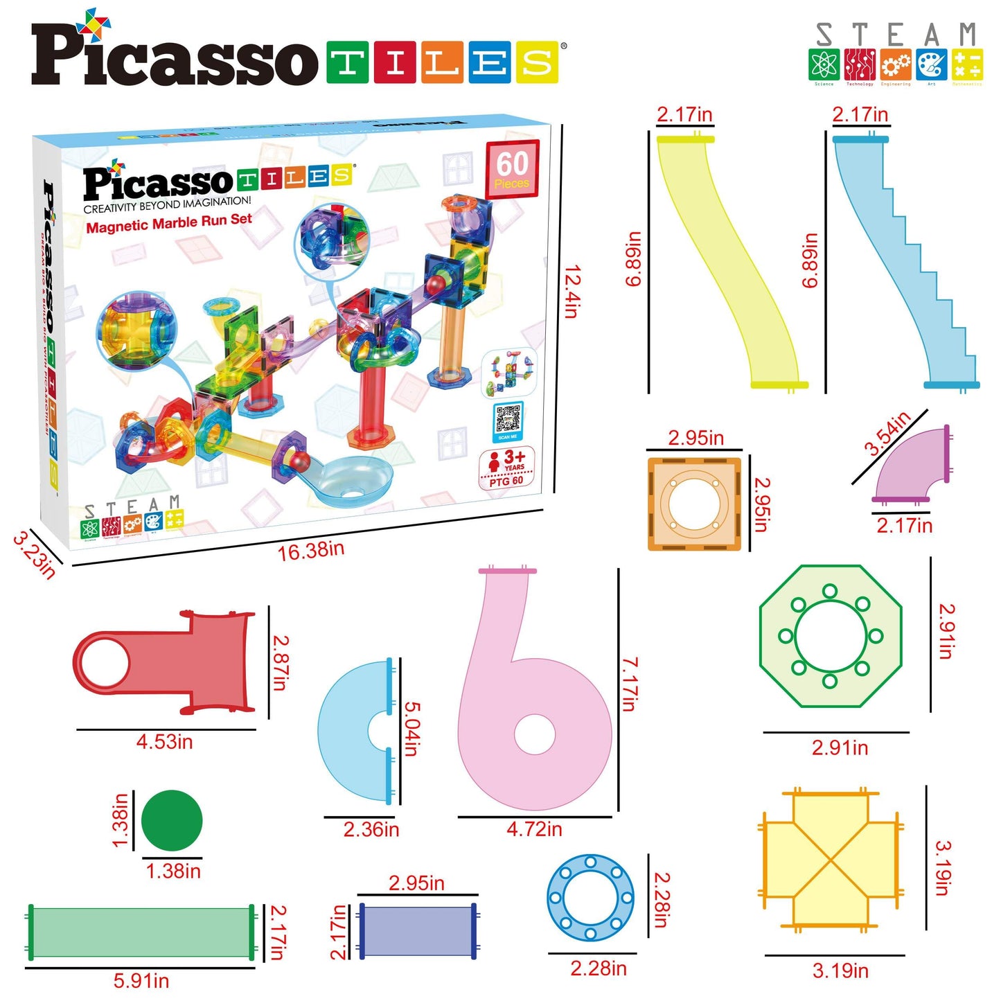 PicassoTiles Marble Run 60-Piece Race Track – Magnetic STEM Building Tiles Set PTG60