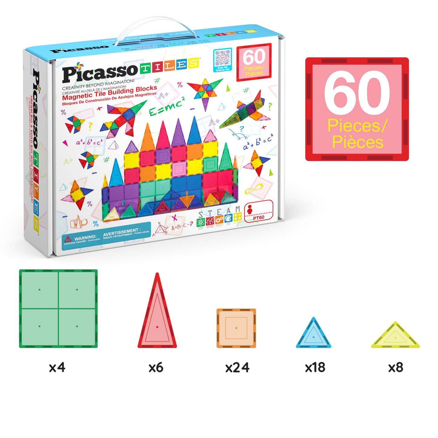 PicassoTiles 60-Piece Magnetic Tile Set | Clear 3D Building Blocks for Creative STEM Play