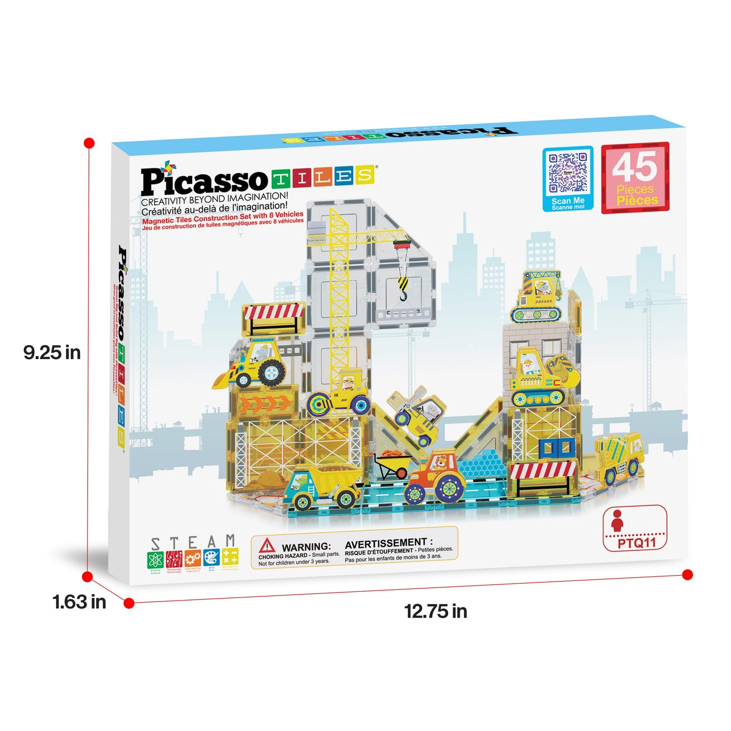 PicassoTiles Magnet Tiles: 8 Construction Vehicles STEM Building Set