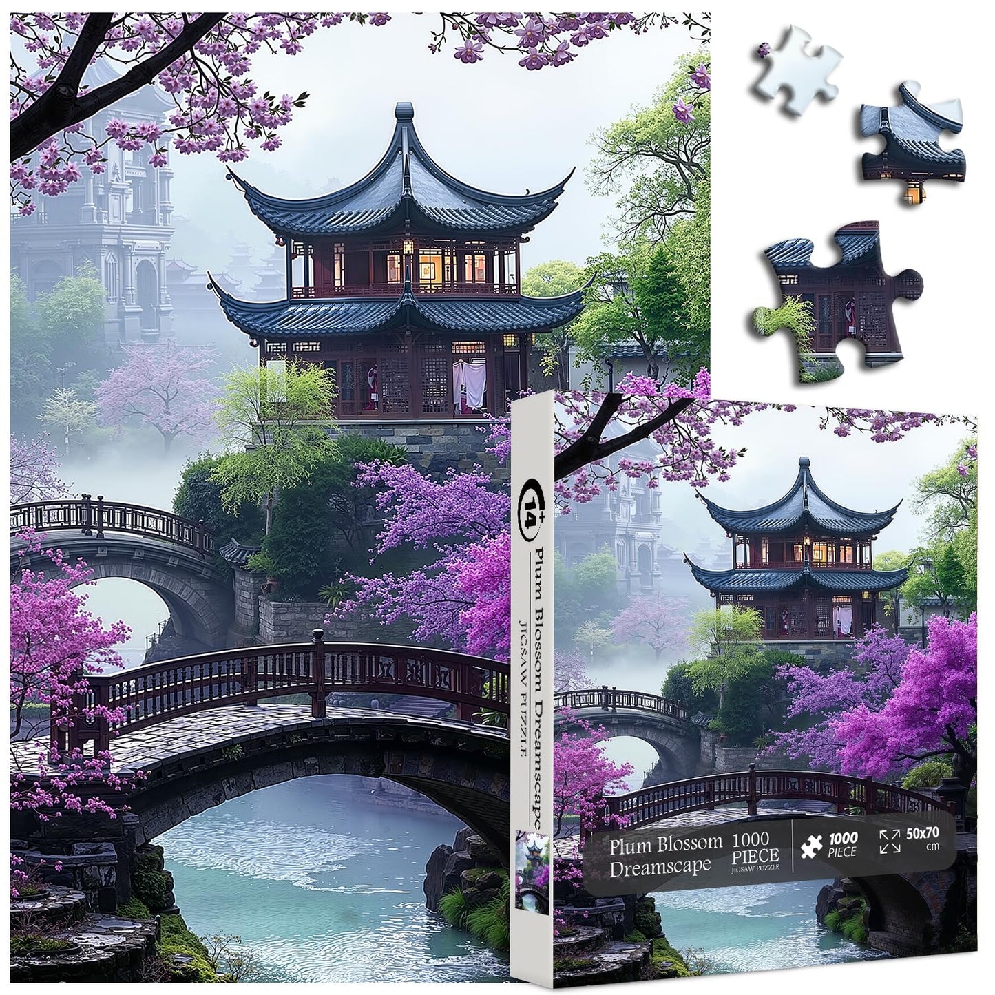 PICKFORU Plum Blossom Dreamscape 1000-Piece Puzzle - Vintage Flower & Lake Park Scene
