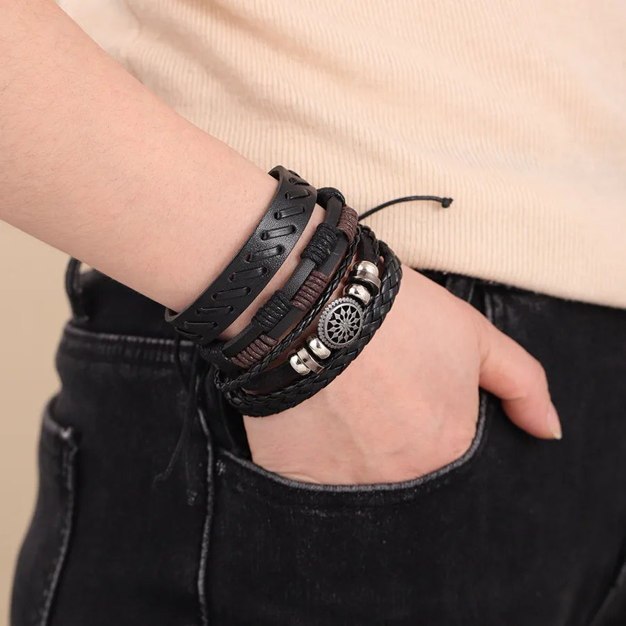 Vintage Style Classic Style Geometric Pu Leather Woven Chain Wrap Bracelets Wholesale