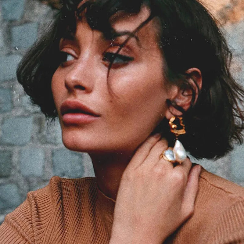 1 pair simple style waves plating freshwater pearl copper drop earrings
