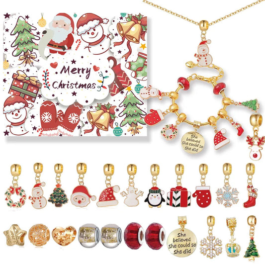 Christmas Themed Jewelry Set Children's Bracelets Necklaces DIY Handmade Gifts With Santa Claus Snowman Christmas Tree