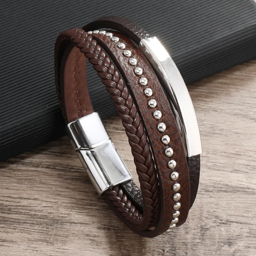 Retro Geometric Pu Leather Layered Unisex Bracelets Men Cord & Leather Bracelets