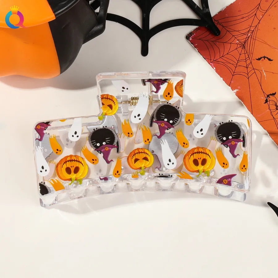Halloween Ghost Pumpkin Print Hair Clip Women's Fashion Hair Grips Square Design Plastic Headwear Simple Style Hair Accessories