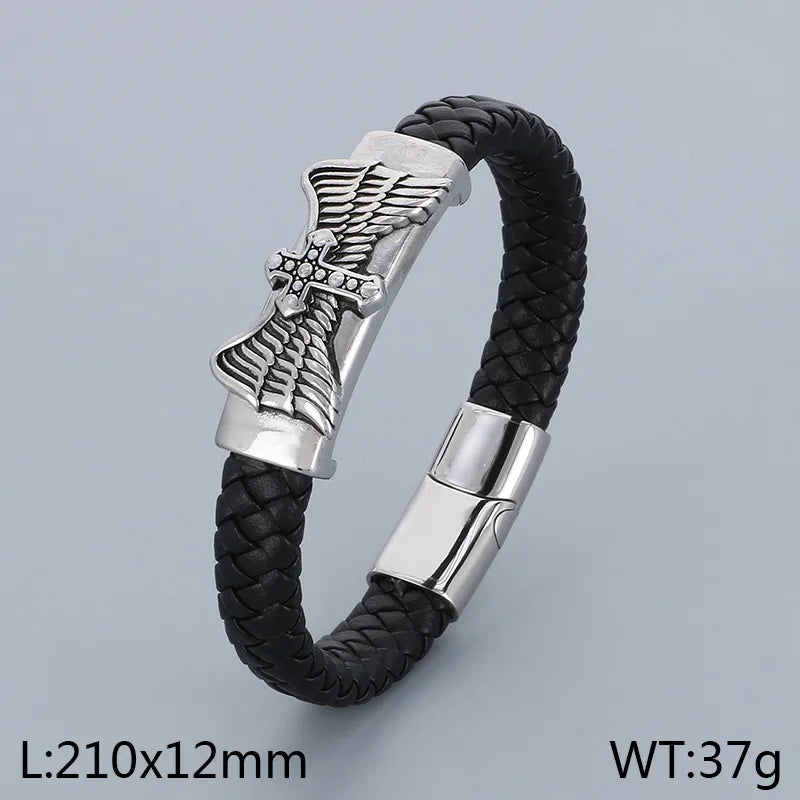 Business Lion Skull 304 Stainless Steel Leather Knitting 18K Gold Plated Halloween Men's Bangle