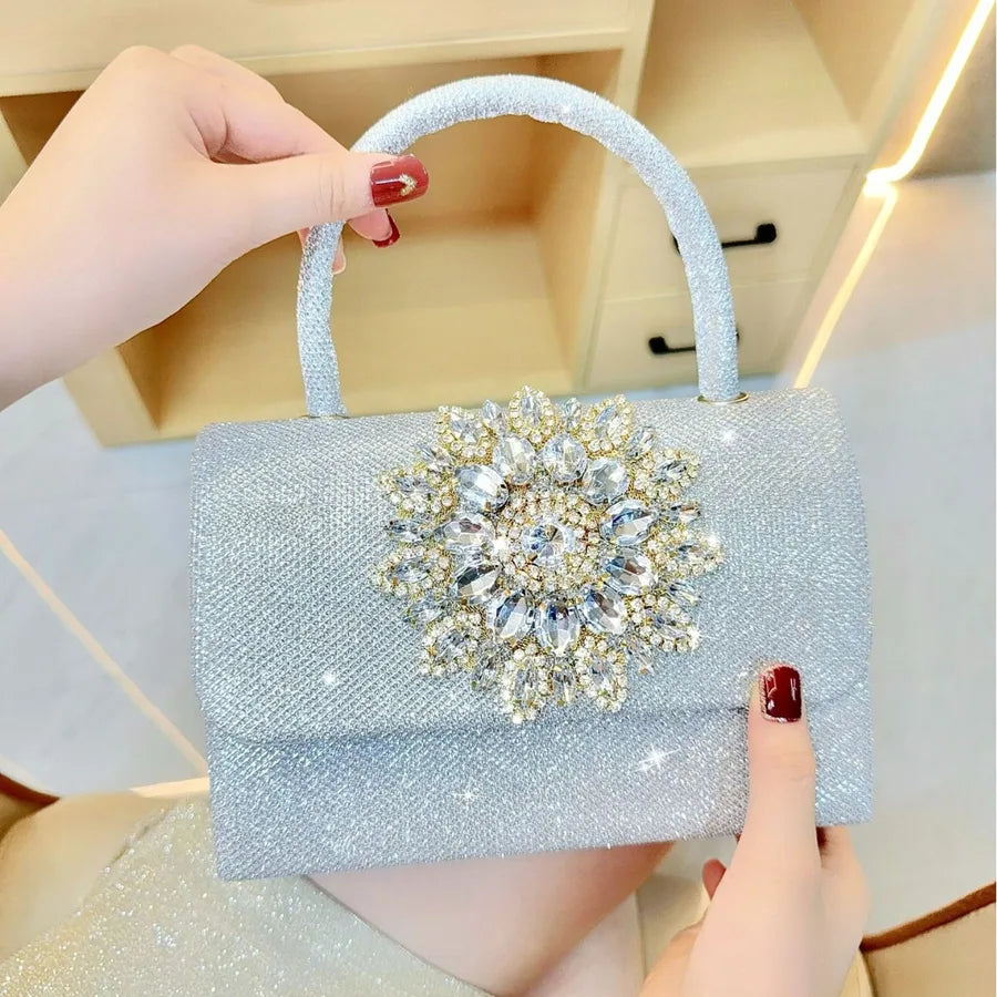 New Fashion Retro Diamond-encrusted Flower Knot Chain Small Square Bag Rhinestone Handbag Crossbody Evening Bag