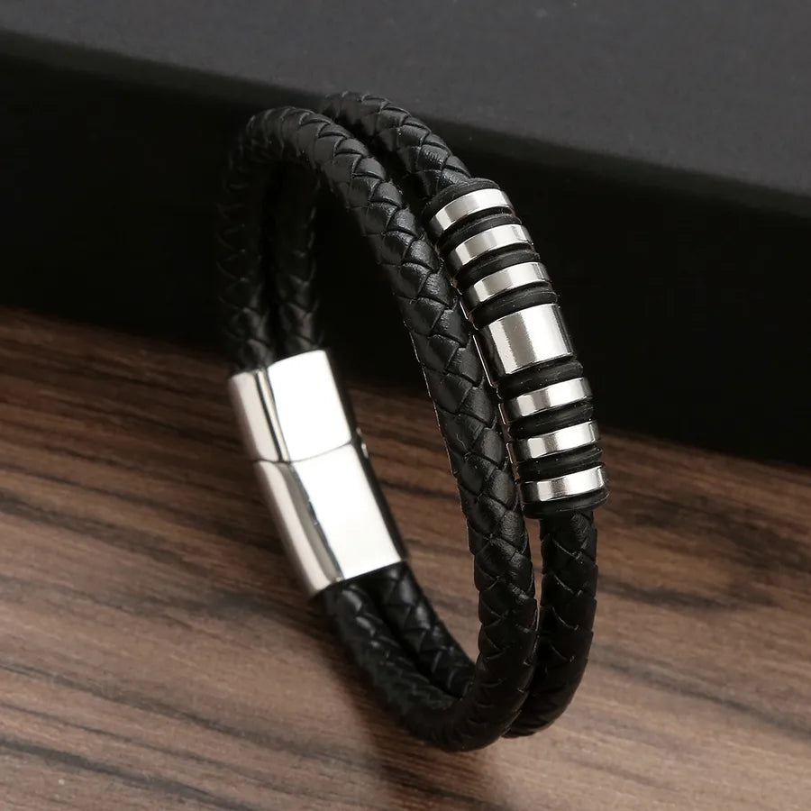 glam classical solid color solid color stainless steel pu leather handmade men's bangle