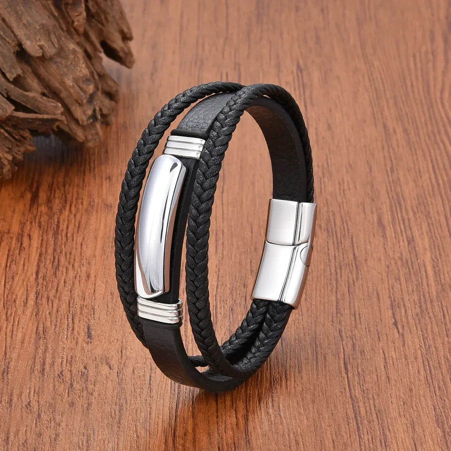Vintage Style Geometric Leather rope Stone Metal Layered Magnetic Men's Bracelets