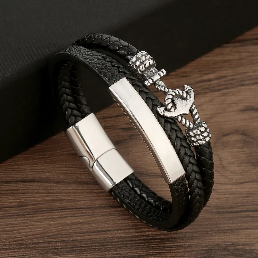 glam classical solid color stainless steel pu leather handmade men's bangle