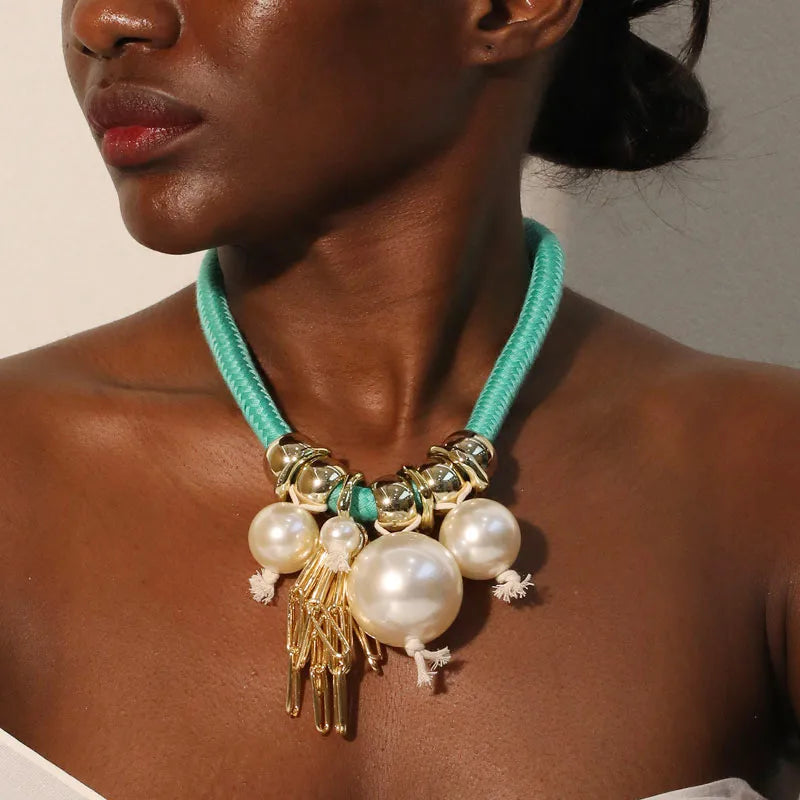 Original Design Handmade Pearl Imitation Pearl Polyester Aluminum Woven Chain Choker Wholesale
