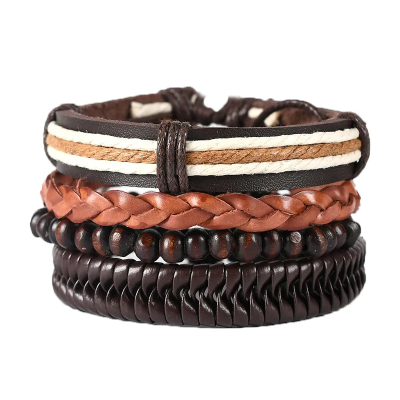 Hip-Hop Retro Geometric Round Pu Leather Wooden beads rope Braid Men's Bracelets Drawstring Bracelets