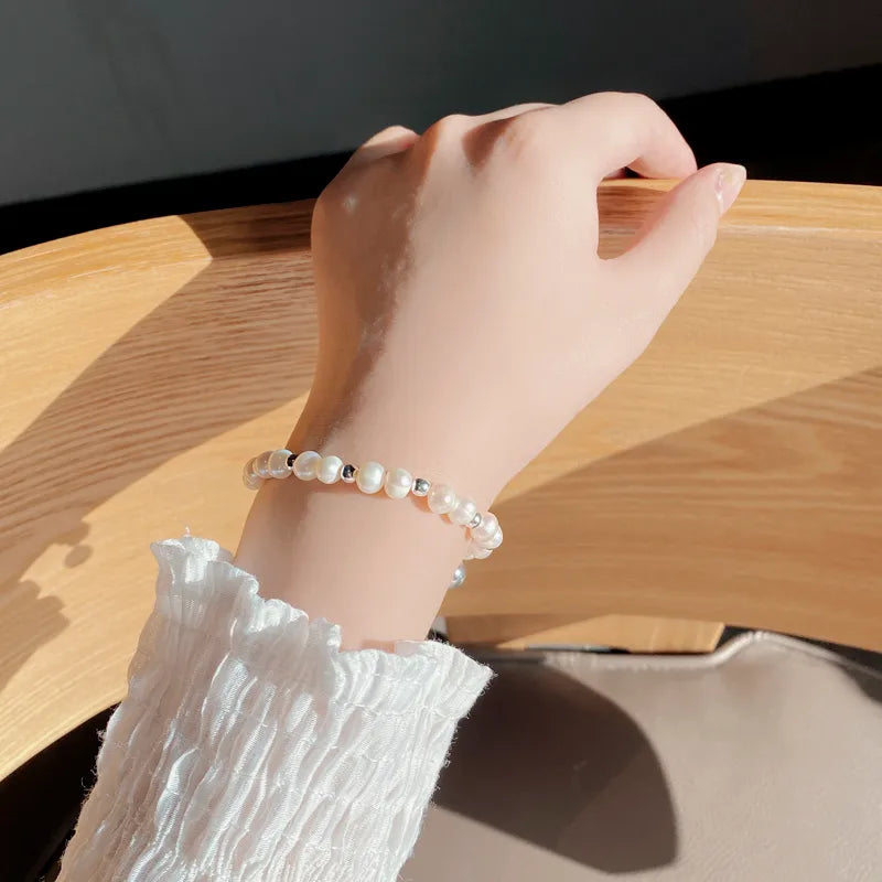 925 Sterling Silver Freshwater Pearl Beaded Chain Bracelets Casual Vacation Modern Style